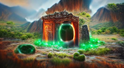 Emerald Portal Near Volcano: Detailed Digital Painting