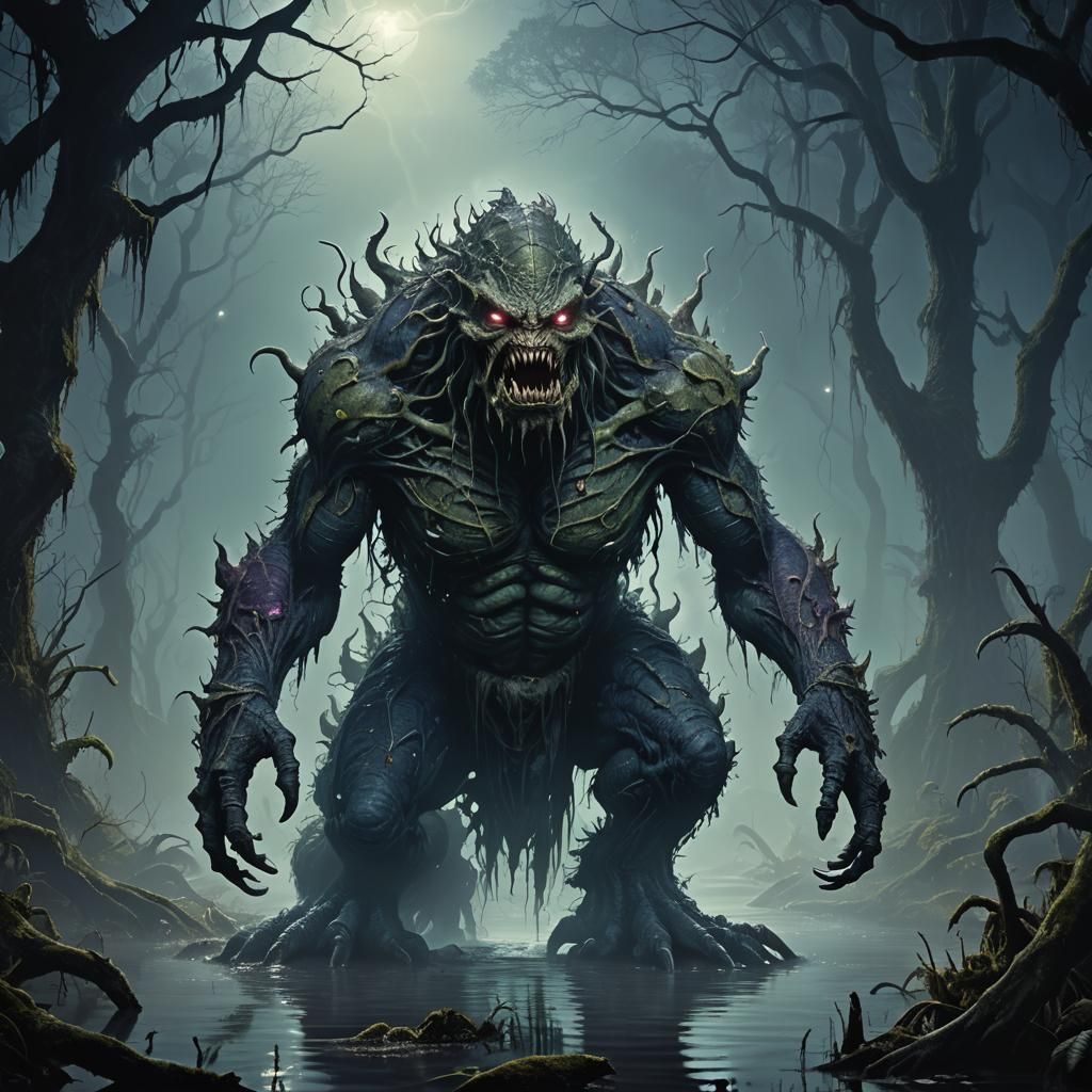 Dark Fantasy Swamp Monster in Eerie Nighttime Landscape