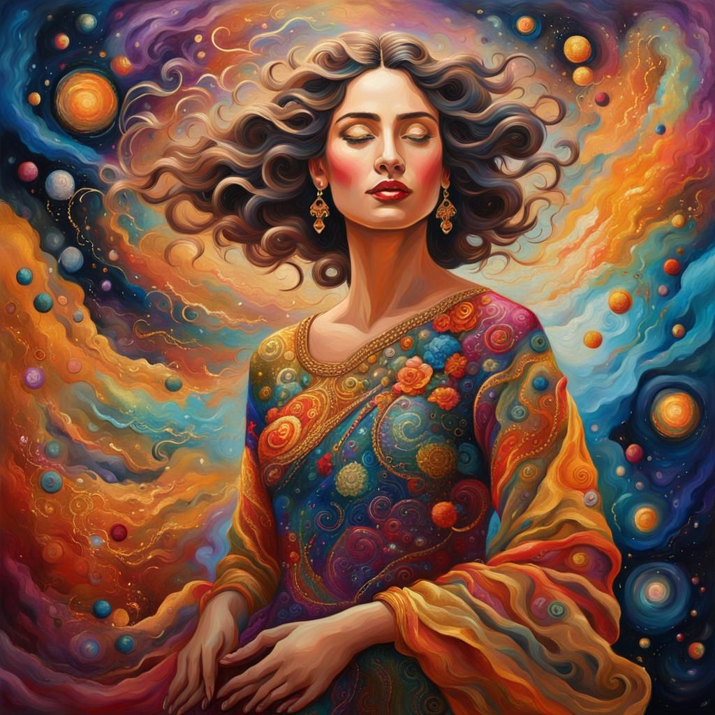 Cosmic Woman in Abstract Expressionist Oil Painting
