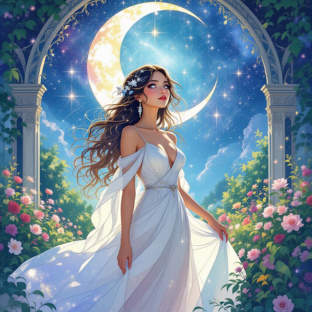 Celestial Being in Luminous Garden: Art Nouveau