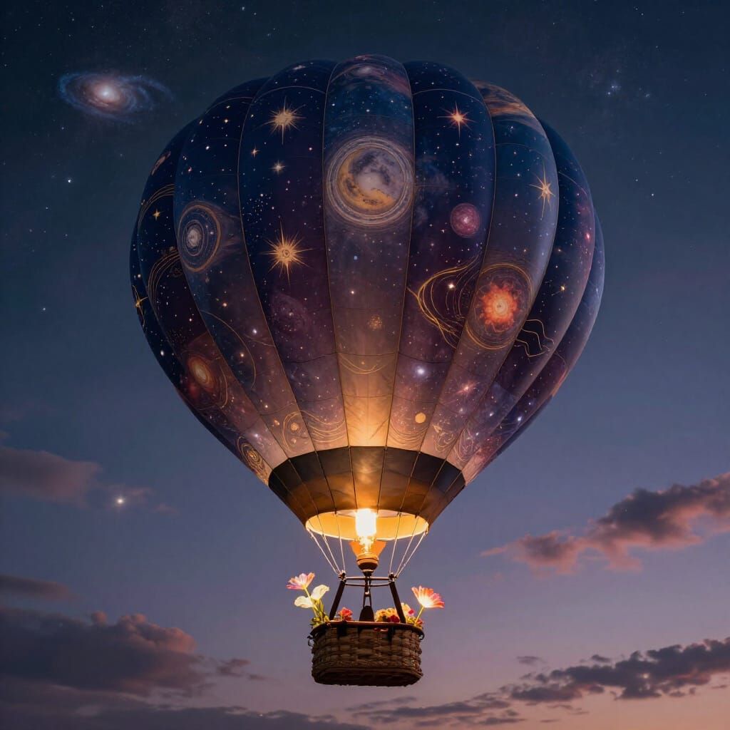 Celestial Hot Air Balloon Drifts Through Nebula Sky