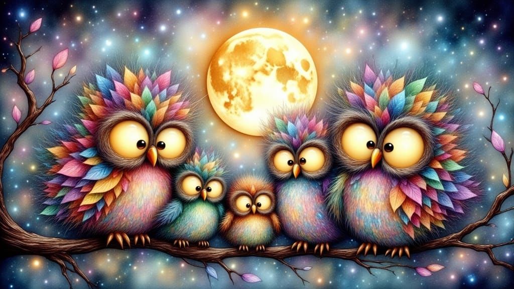 Whimsical Watercolor Owls Dancing Under a Golden Moon