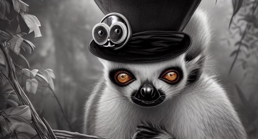 Hyper-Realistic Lemur in Top Hat, Digital Illustration