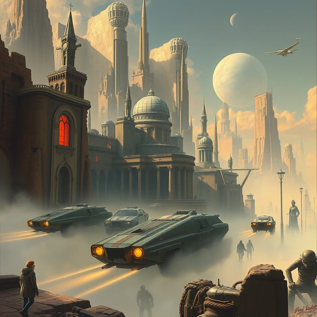 Dreamlike Cityscape in Retro Futurism Style