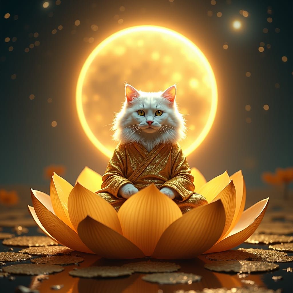 Zen Cat in Lotus Flower with Golden Halo