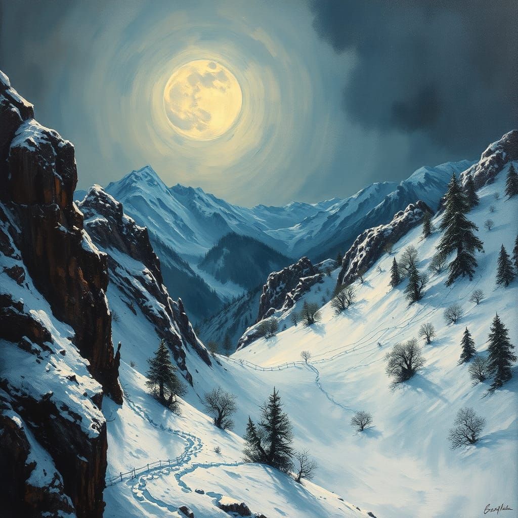 Eerie Winter Mountainscape in Impasto Style