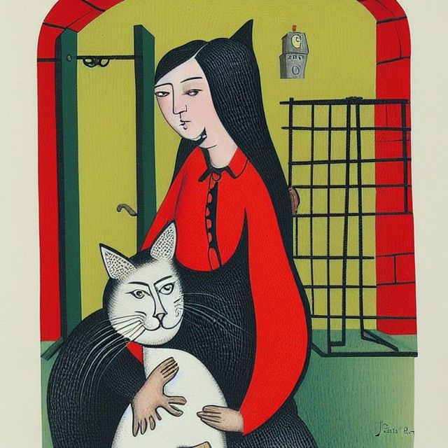 Woman and Cat Imprisoned: Naive Art Style