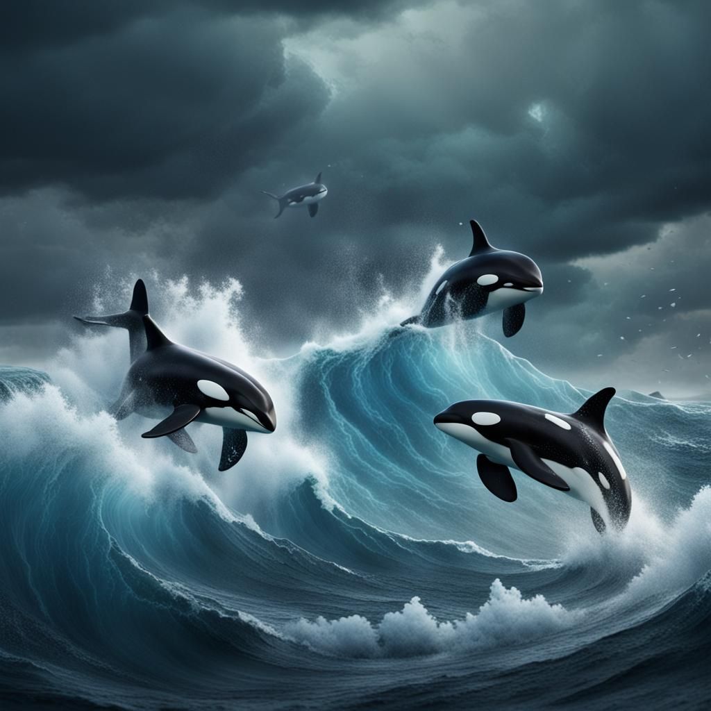 Orcas in Stormy Sea: Detailed Matte Painting