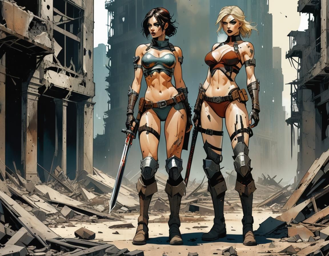 Post-Apocalyptic Wargirl in Ligne Claire Comic Art