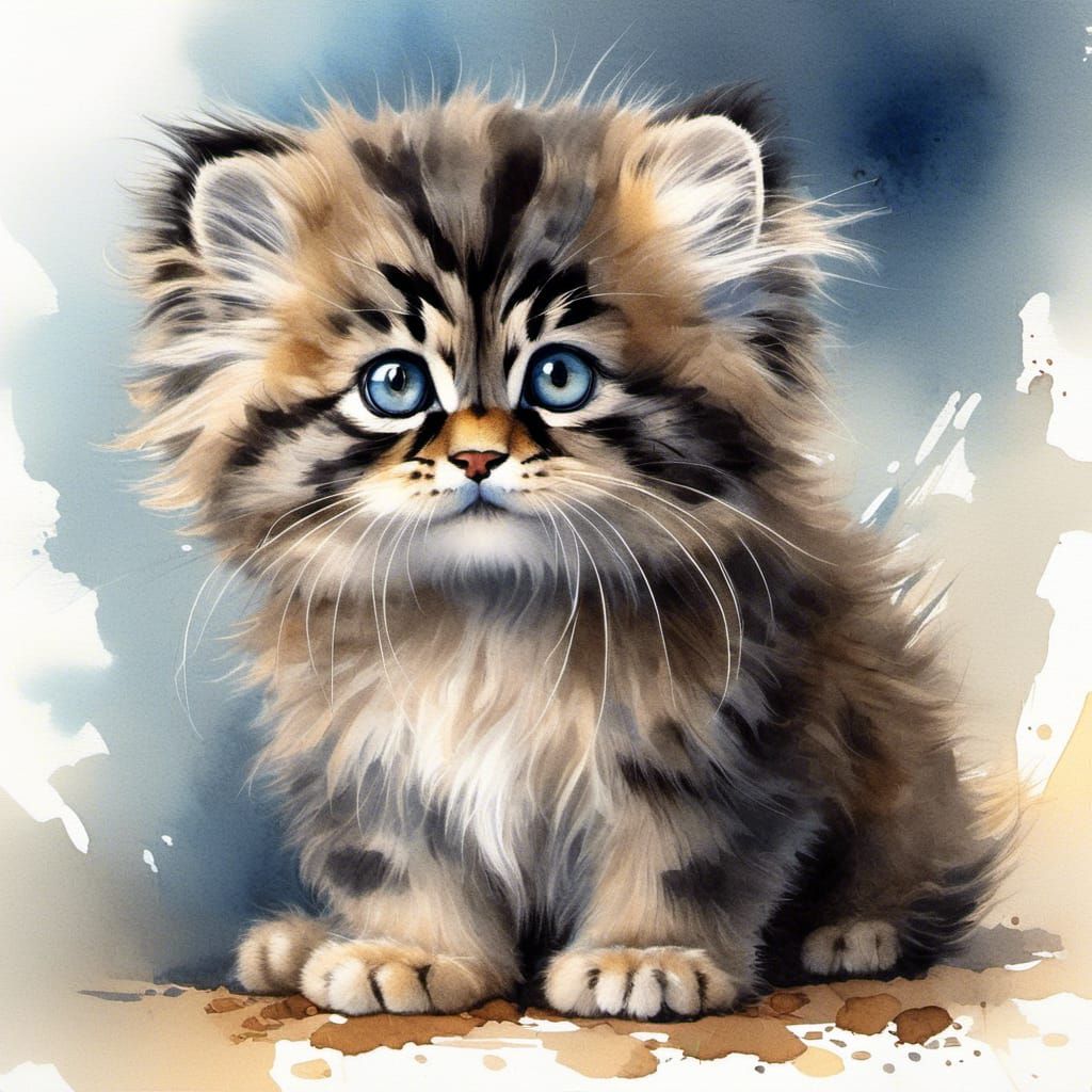 Fluffy Manul Kitten in Watercolor Style