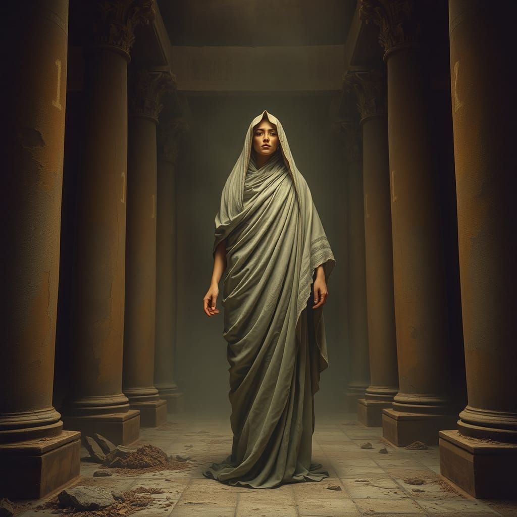 Ancient Woman Deciphers Hieroglyphs in Dark Surrealism