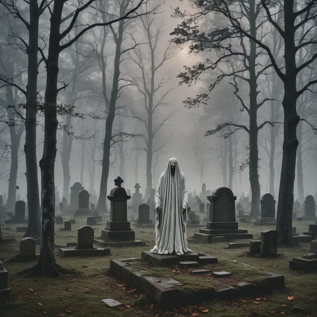 Ghost Haunts Cemetery in Foggy Twilight Forest