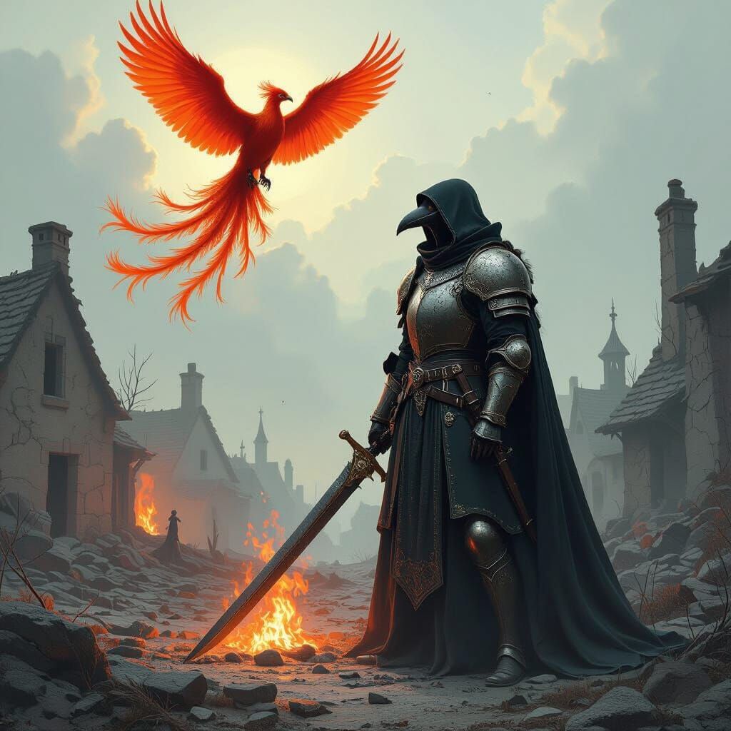 Plague Doctor Knight with Phoenix in Ruined Village