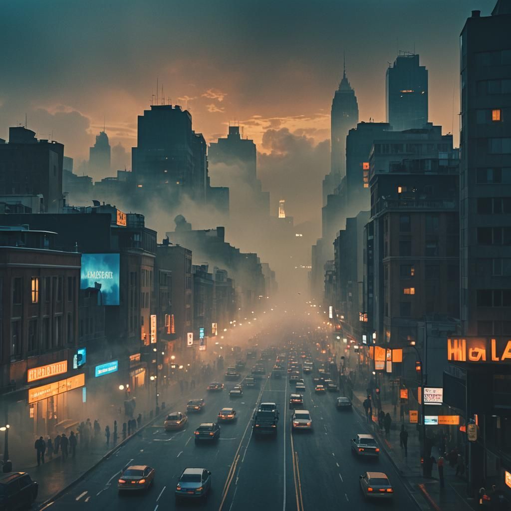 Breaking News City Screen at Dusk: Cinematic Still