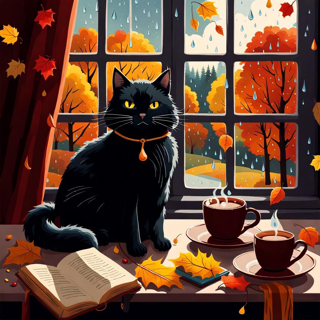 Cozy Black Cat in Autumn Landscape
