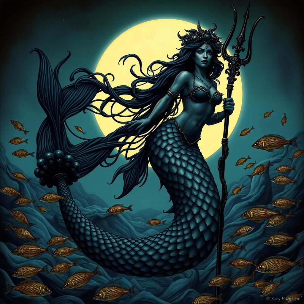 Black Mermaid Rising with Coral Trident in Art Nouveau Style