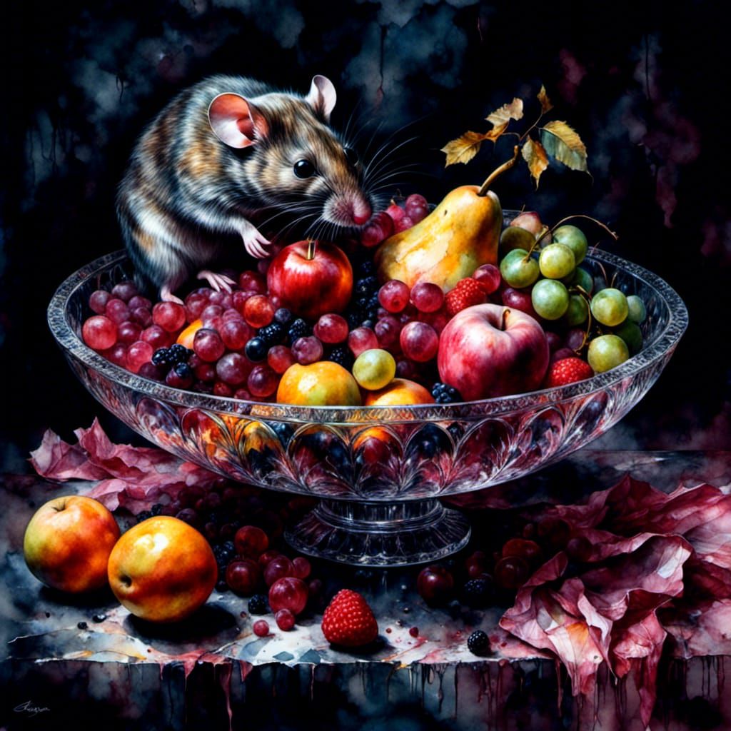 Crystal Fruit Bowl with Mouse in Watercolor Style