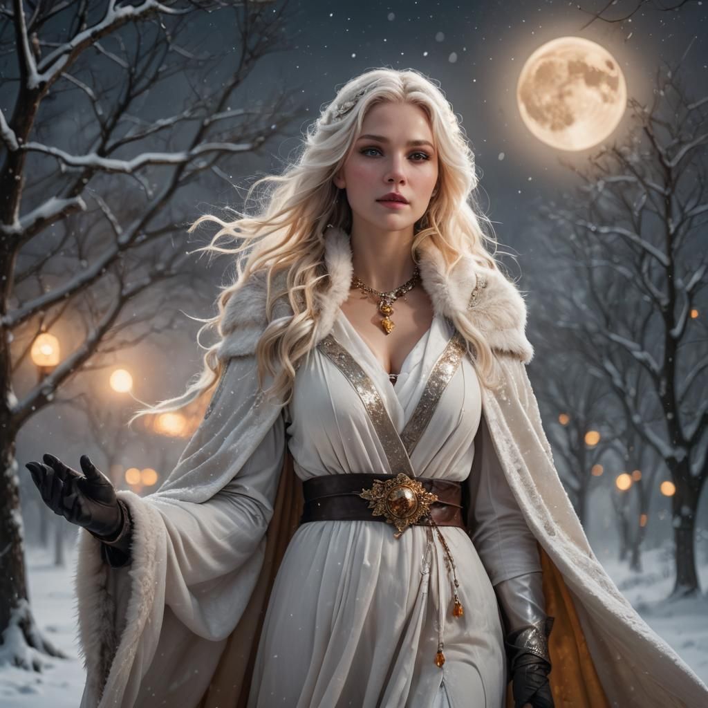 Snow Goddess with Amber Necklace in Pre-Raphaelite Style