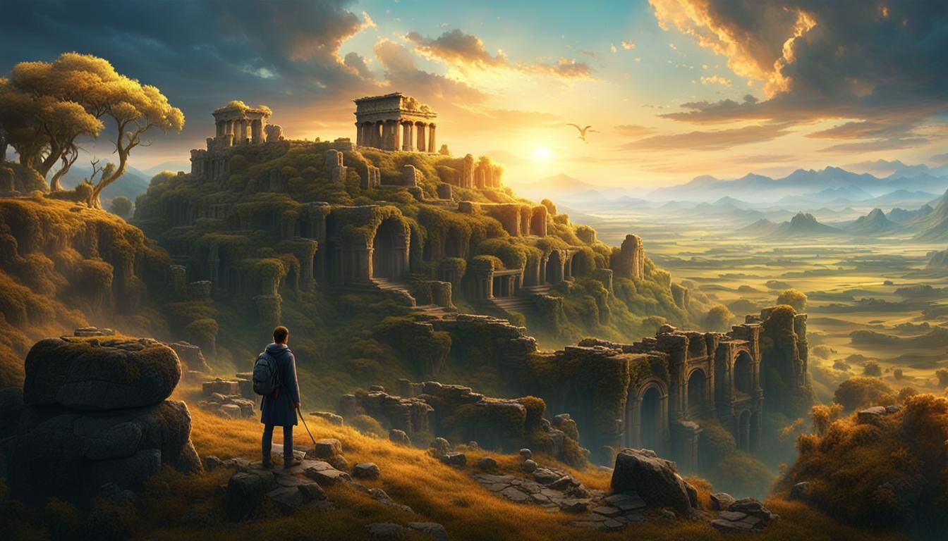 Mystical Landscape with Traveler in Golden Light