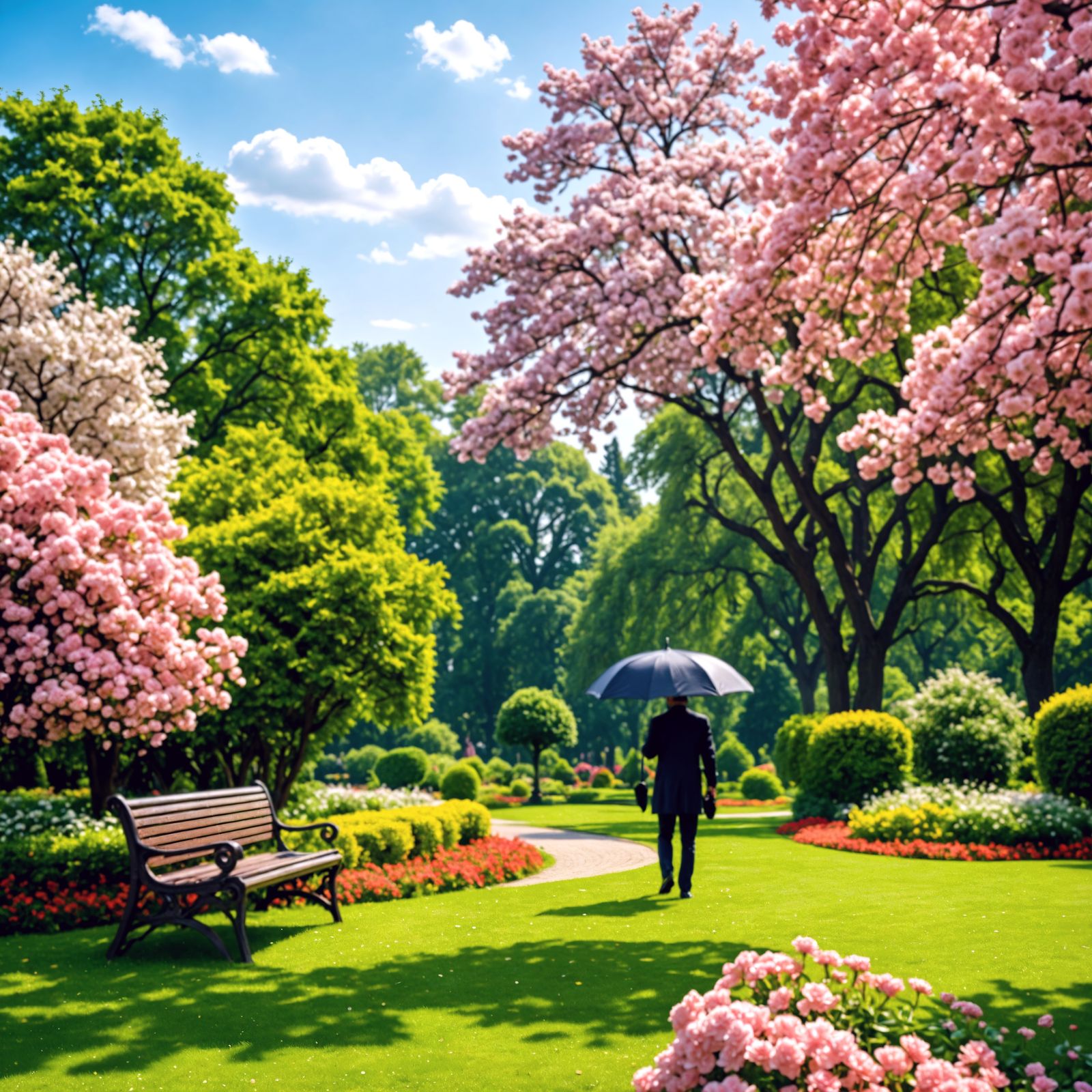Man with Umbrella in Serene Garden Oasis