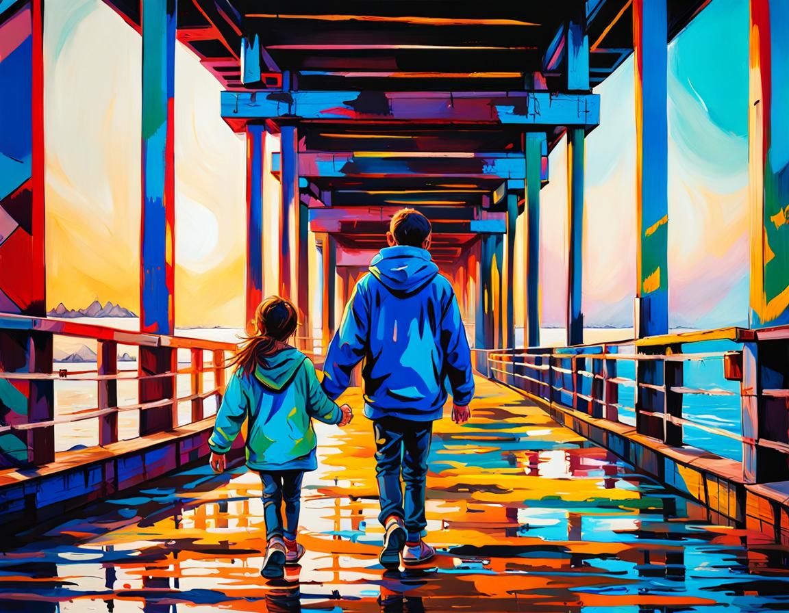 Brother and Sister on Pier: Colorful Abstract Graffiti Art