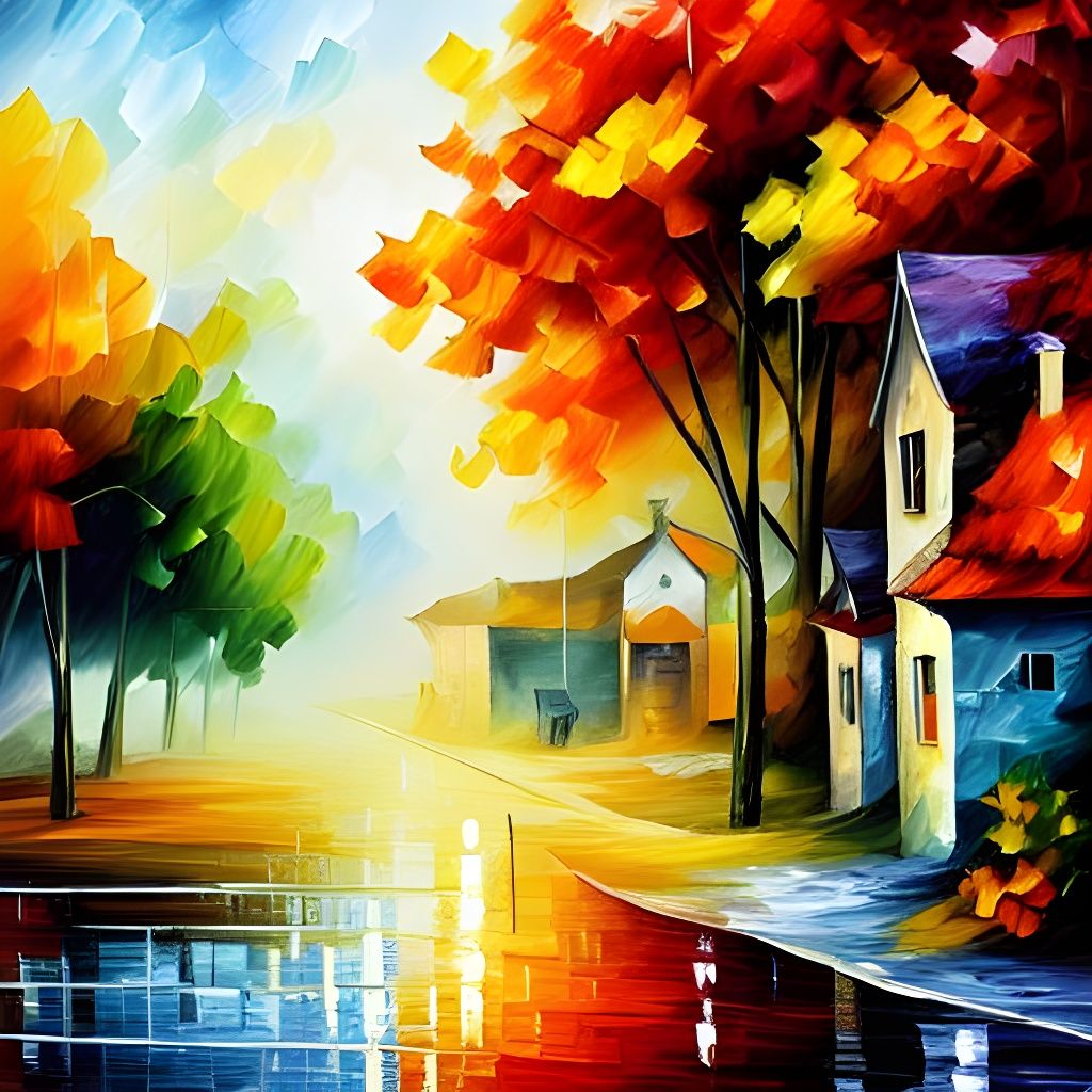 Vibrant Rural Village Painting in Impressionist Style