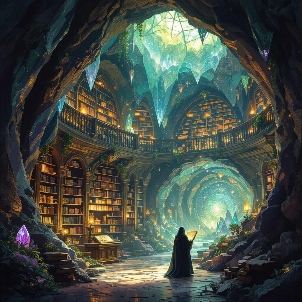 Ancient Geode Library with Crystal Shelves and Scholar