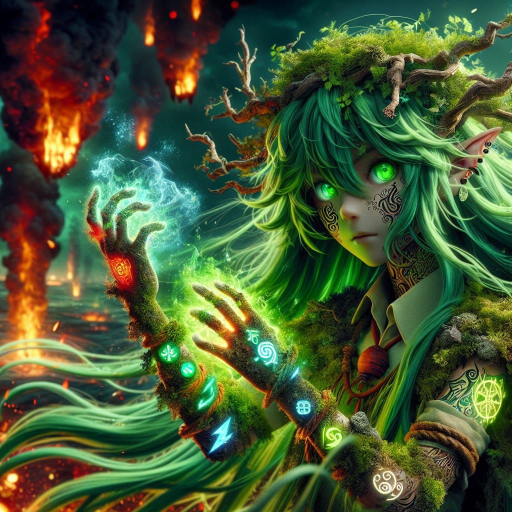Anime Dryad Elementalist Battles Fiery Entity