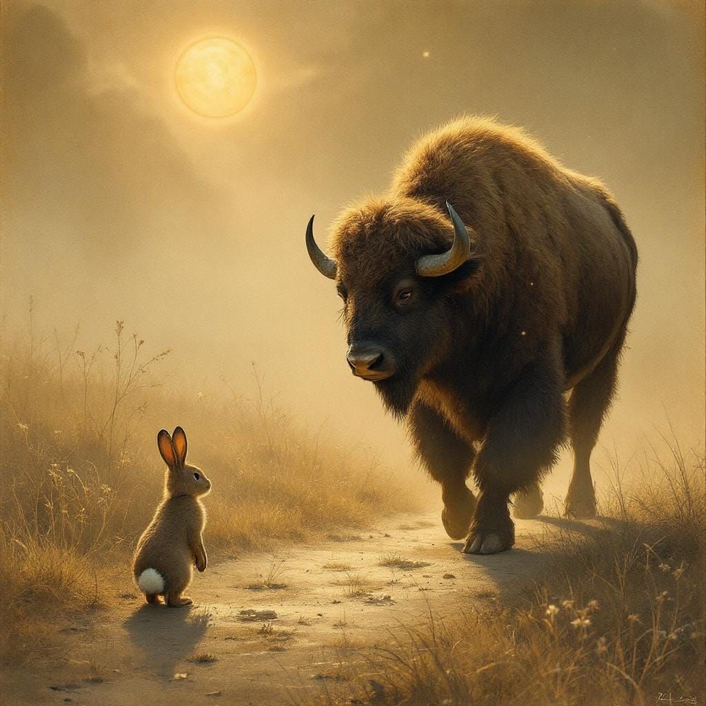 Dreamlike Buffalo-Rabbit Encounter in Sepia Tones