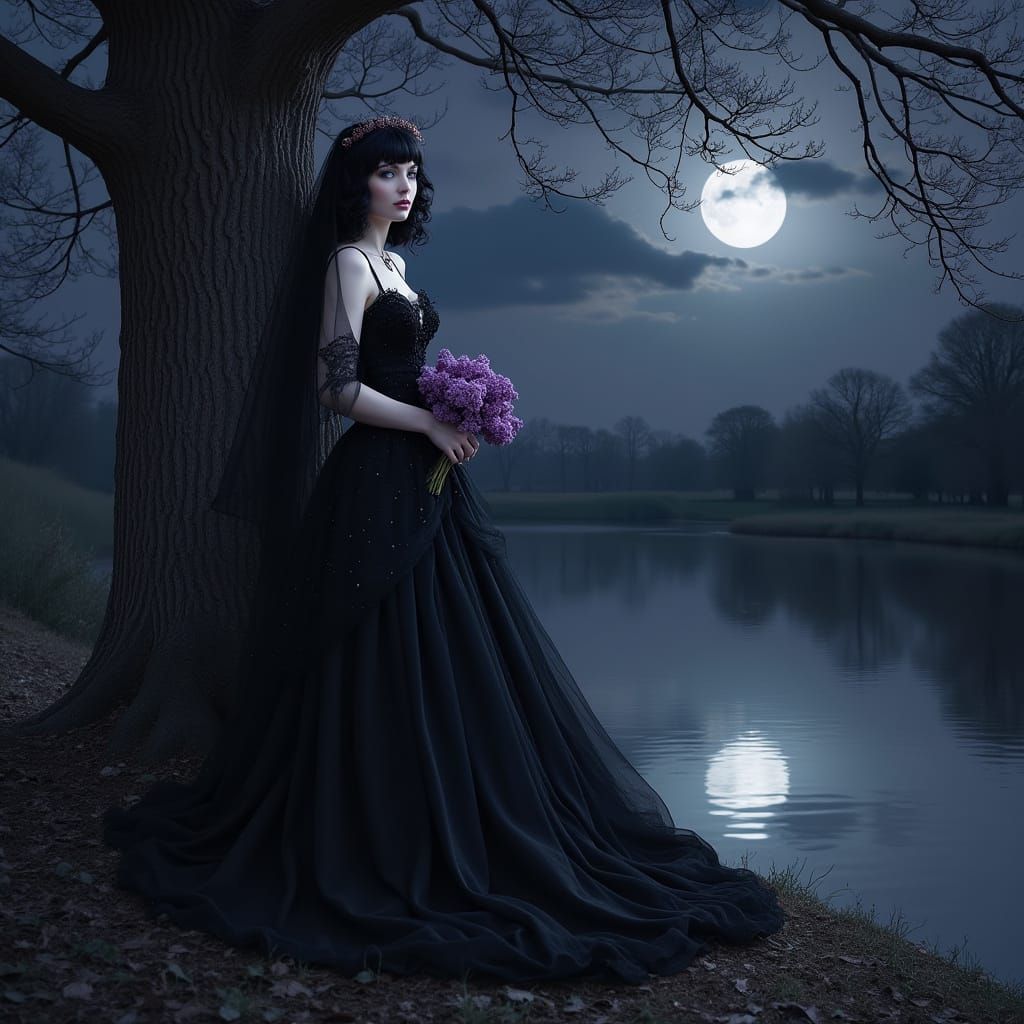Woman in Black Wedding Gown Under Full Moon