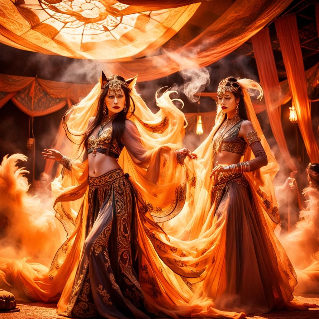 Kitsune Lord Watches Belly Dancers: Surreal Oil Painting