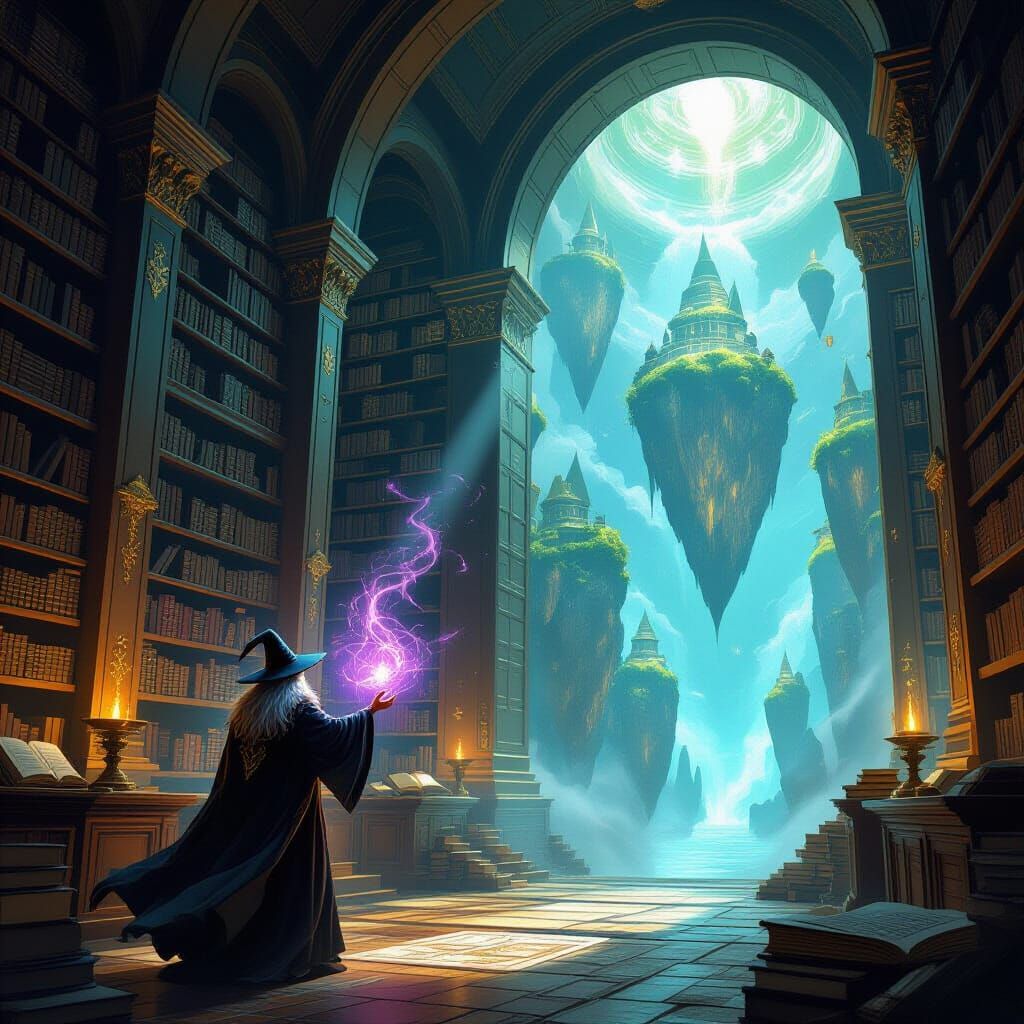 Wizard Casting Spell in Ancient Library, Fantasy Art
