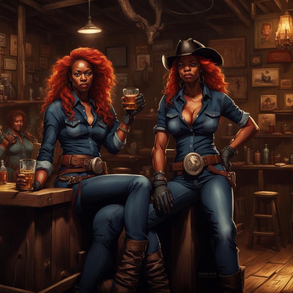 Cyberpunk Saloon: Two Red-Haired Women in Western Style