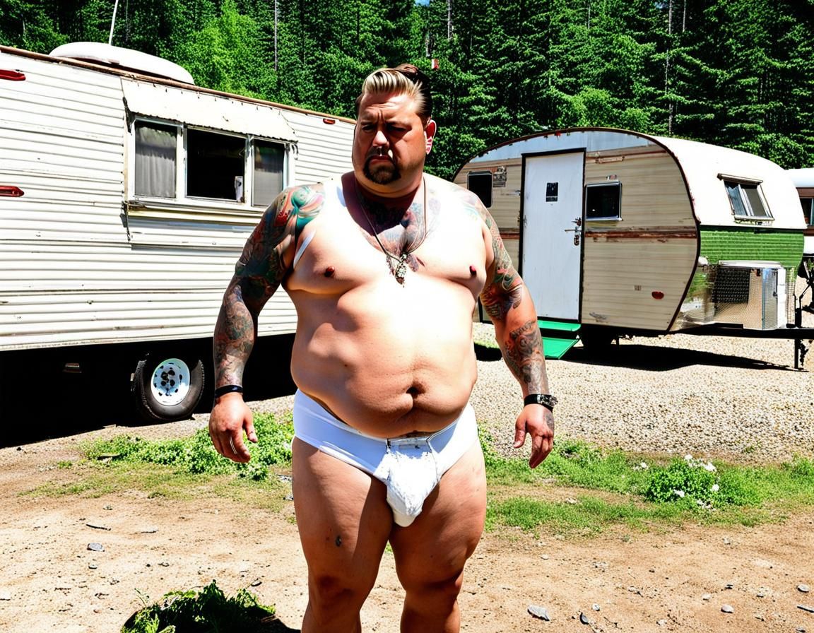 Man in Underwear and Skirt in Trailer Park