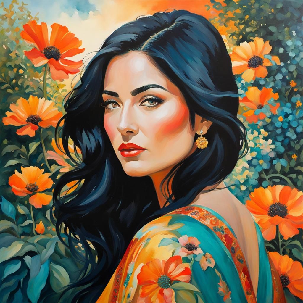 Beautiful Woman in Floral Garden: Watercolor Painting