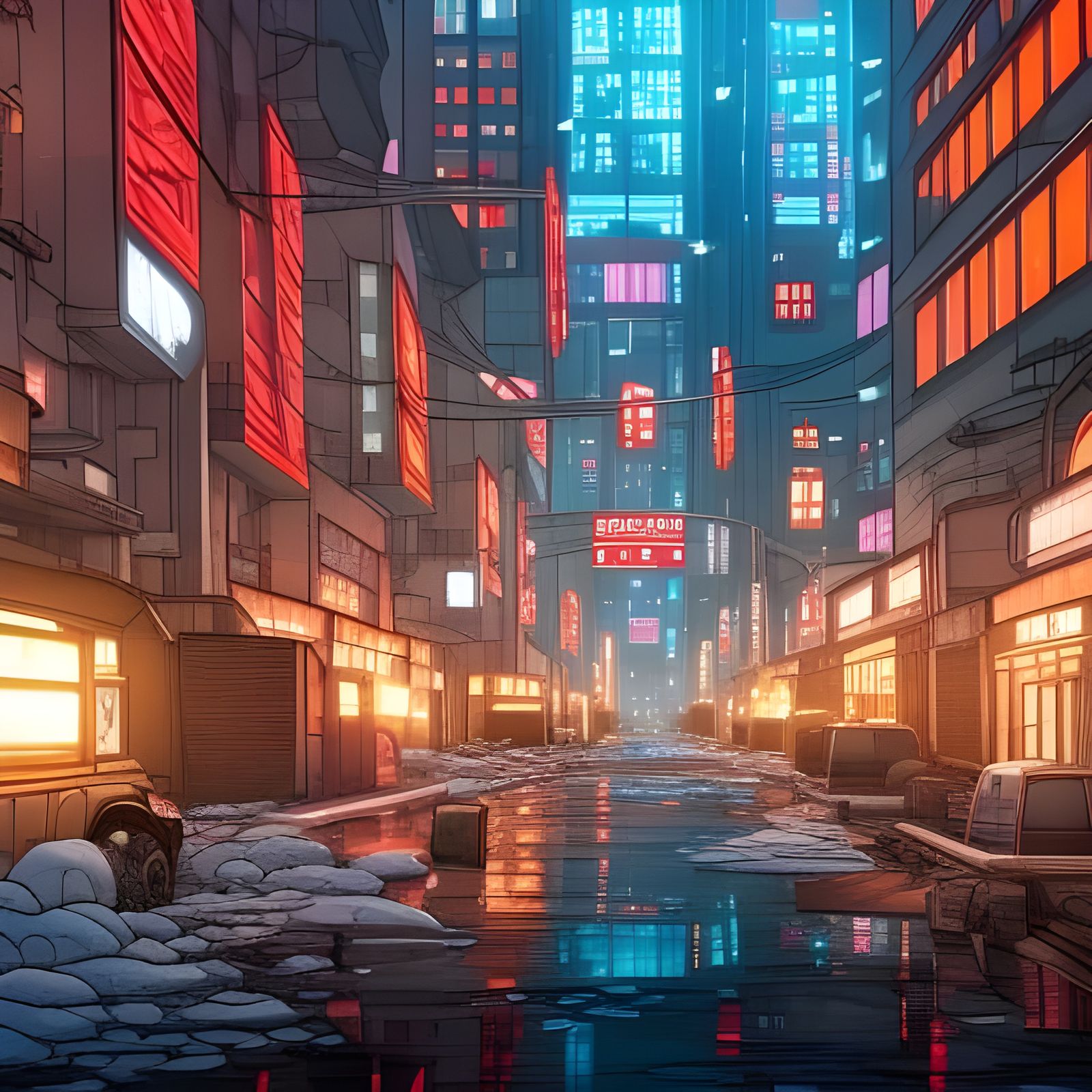 Dystopian City in Snowy Night, Anime Style