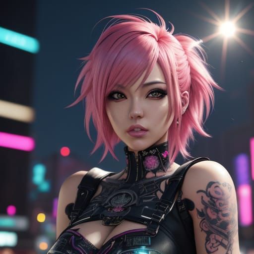 Anime Punk Woman in Neon Cityscape, 3D Art