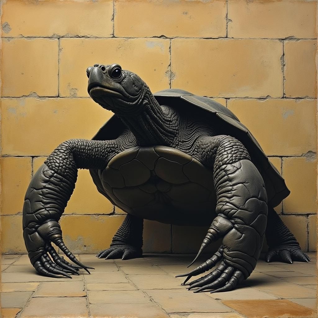 Turtle Shadow with Lobster Hands, Charcoal Drawing