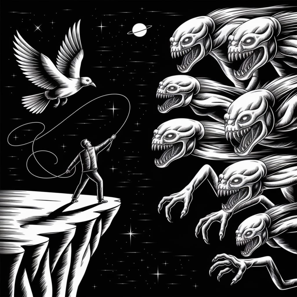 Man Lassoes Bird Over Infinity, Escaping Time Devourers