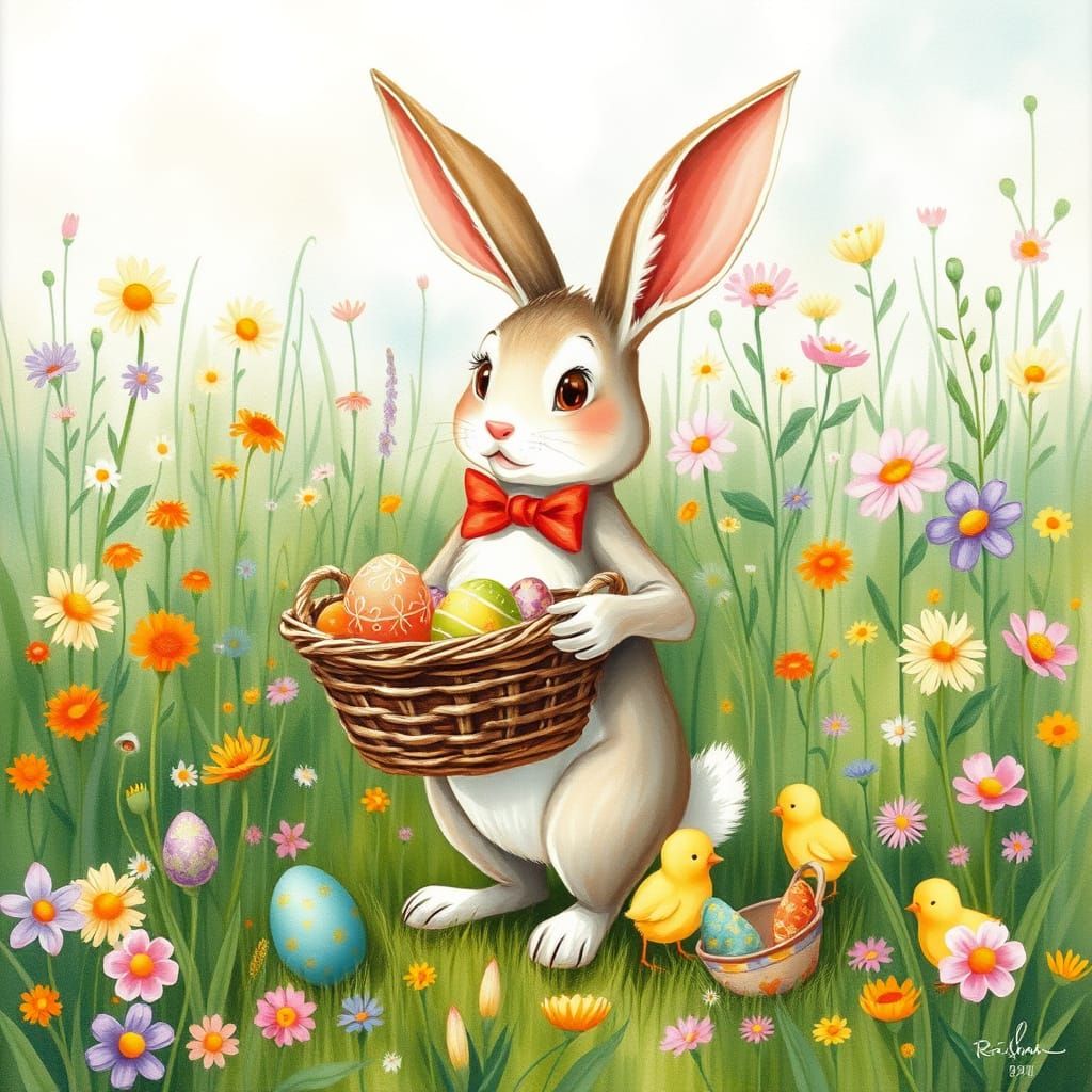 Whimsical Easter Bunny in a Vibrant Wildflower Meadow