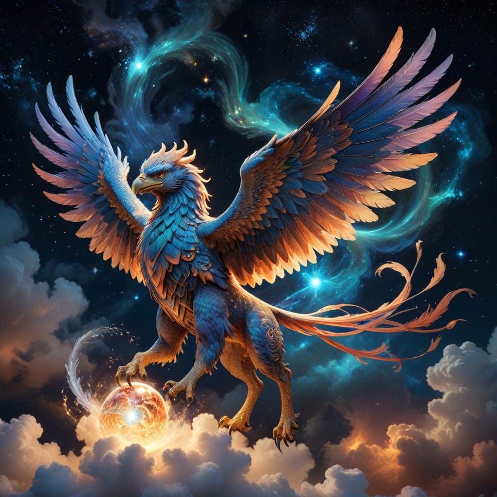 Griffin Soaring Through Starry Vortex, Art Nouveau Style