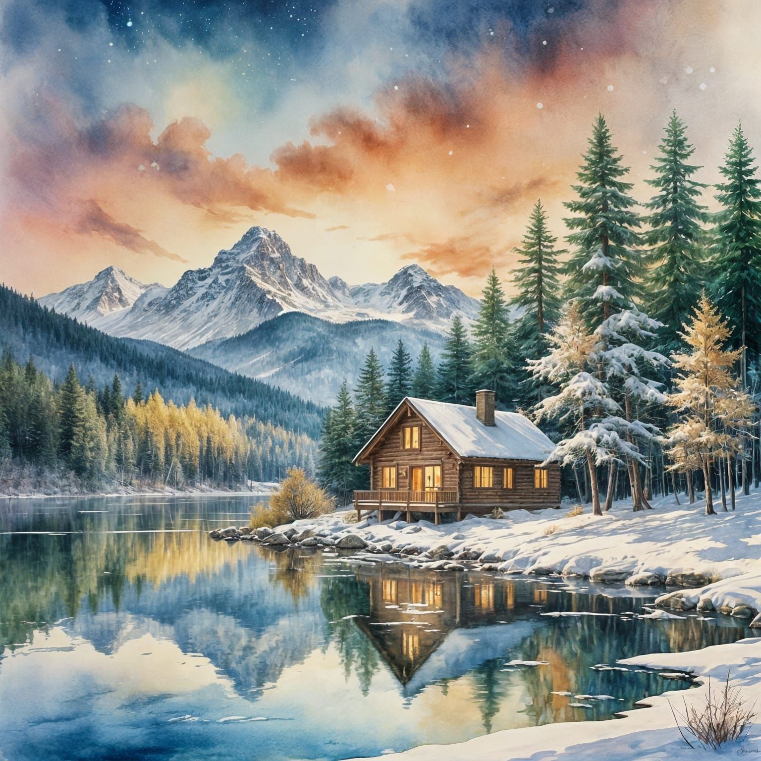 Cabin by Lake: Ethereal Watercolor Impression