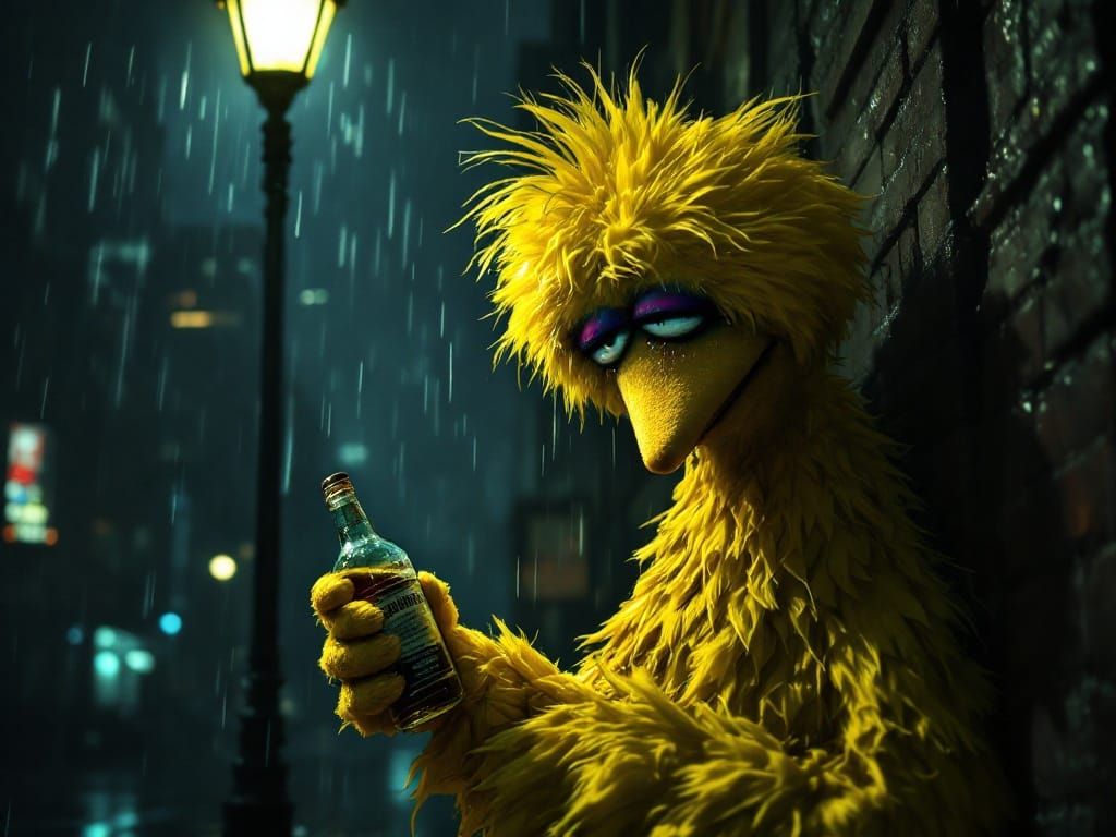 Sorrowful Big Bird in a Gritty Urban Landscape