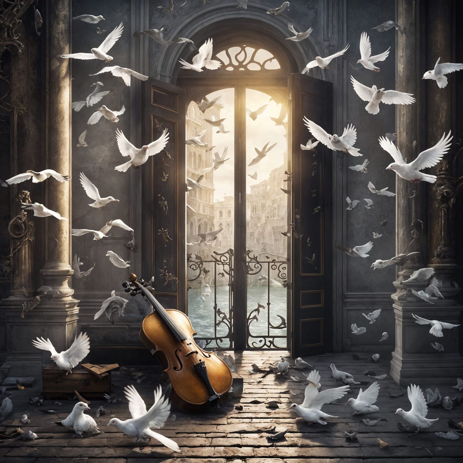 Doves in a Dreamy Venice Scene