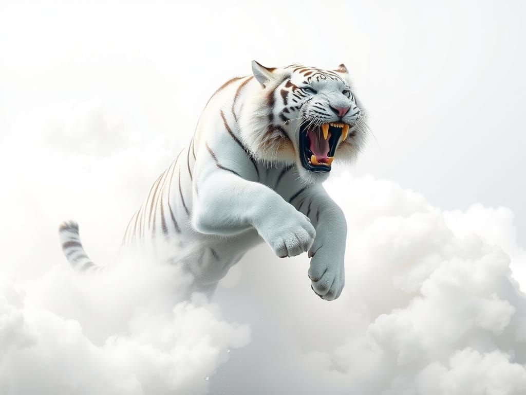 Majestic Pure White Tiger Emerges from Soft White Clouds