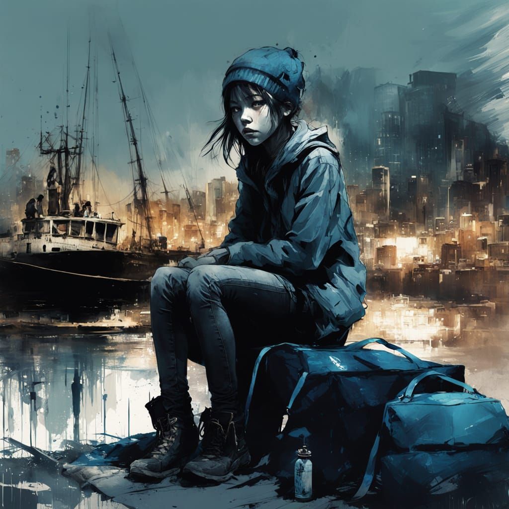 Grunge girl sitting on the harbour quay