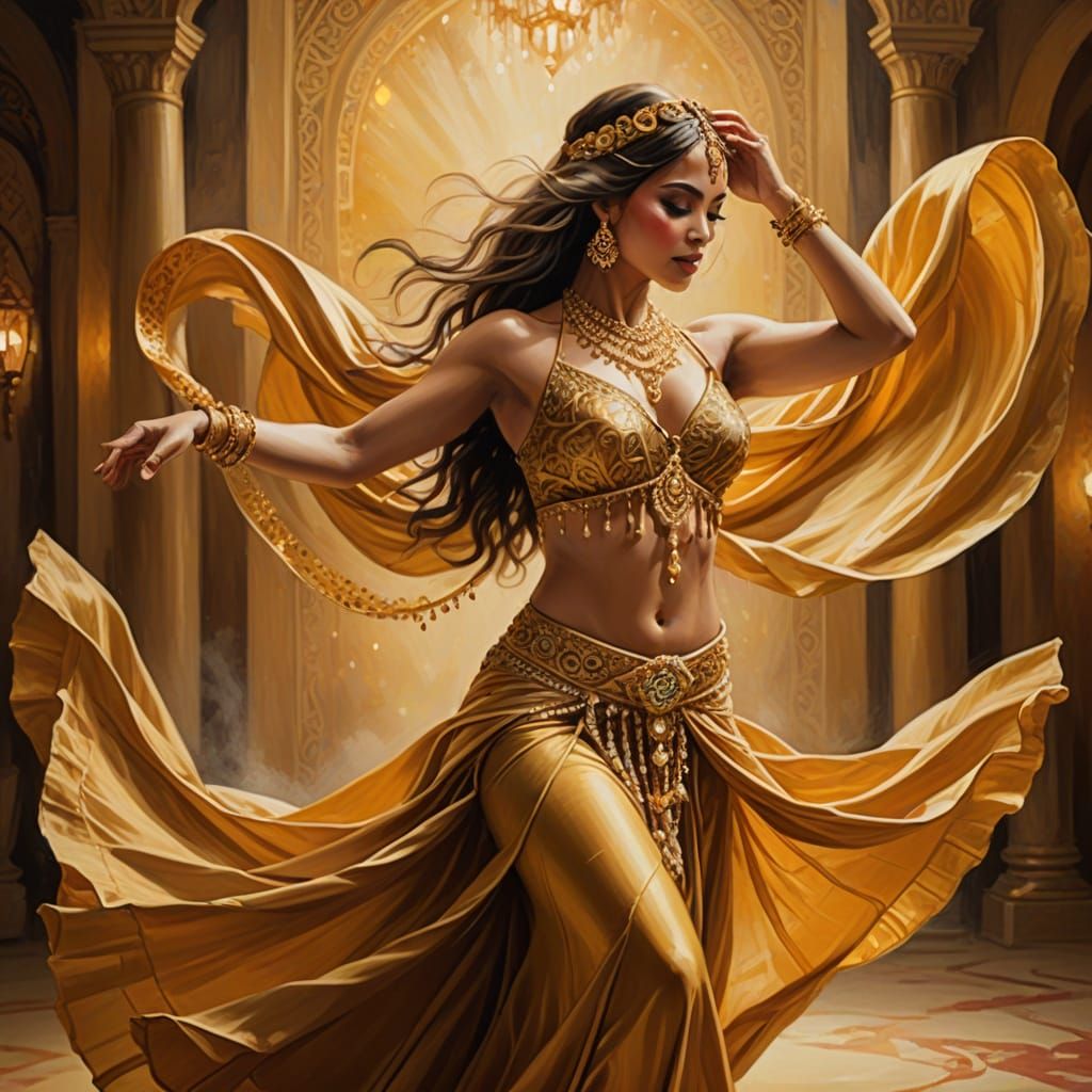 Ethereal Belly Dancer in Golden Swirling Silks