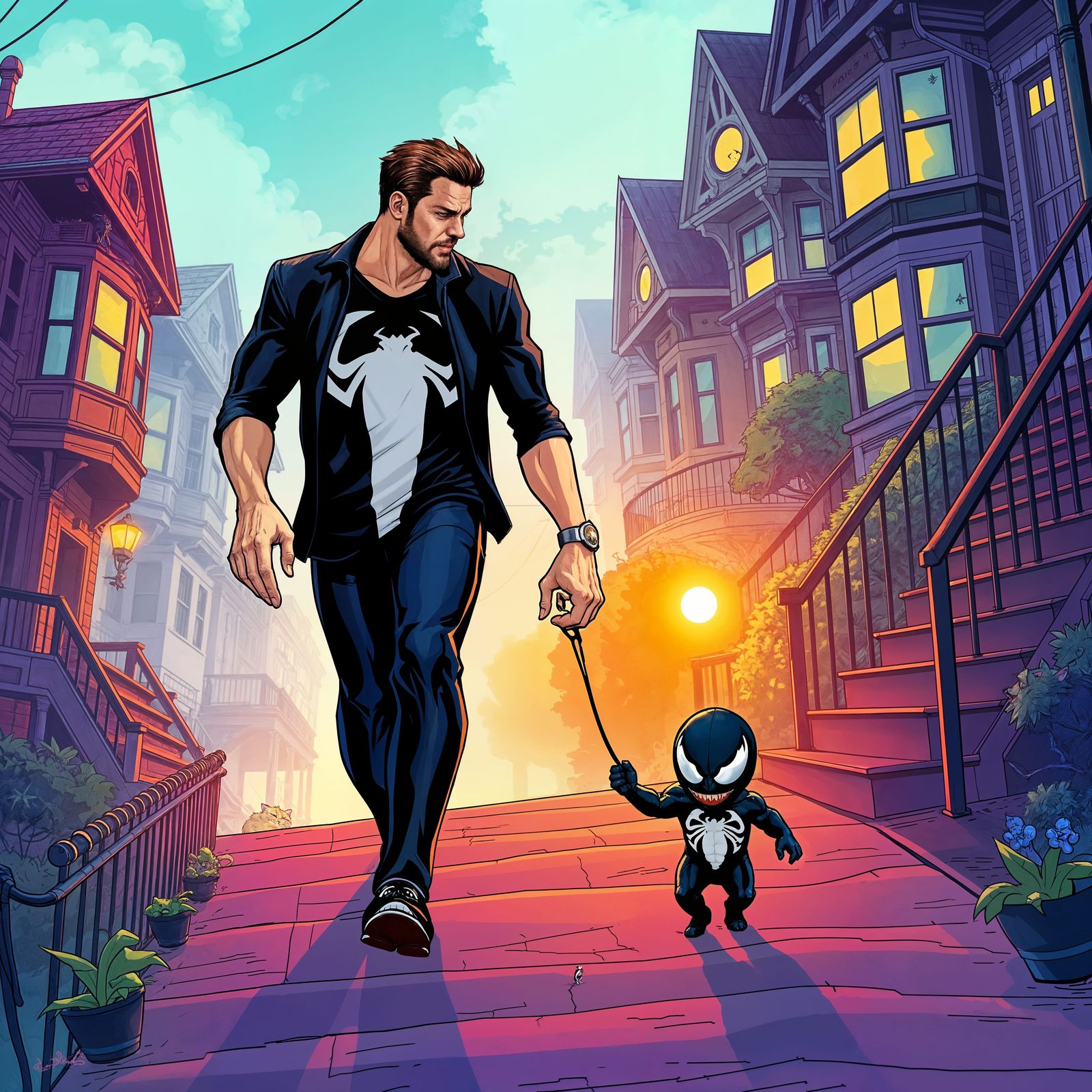 Tom Hardy as Eddie Brock Walking with Baby Venom in San Fran...