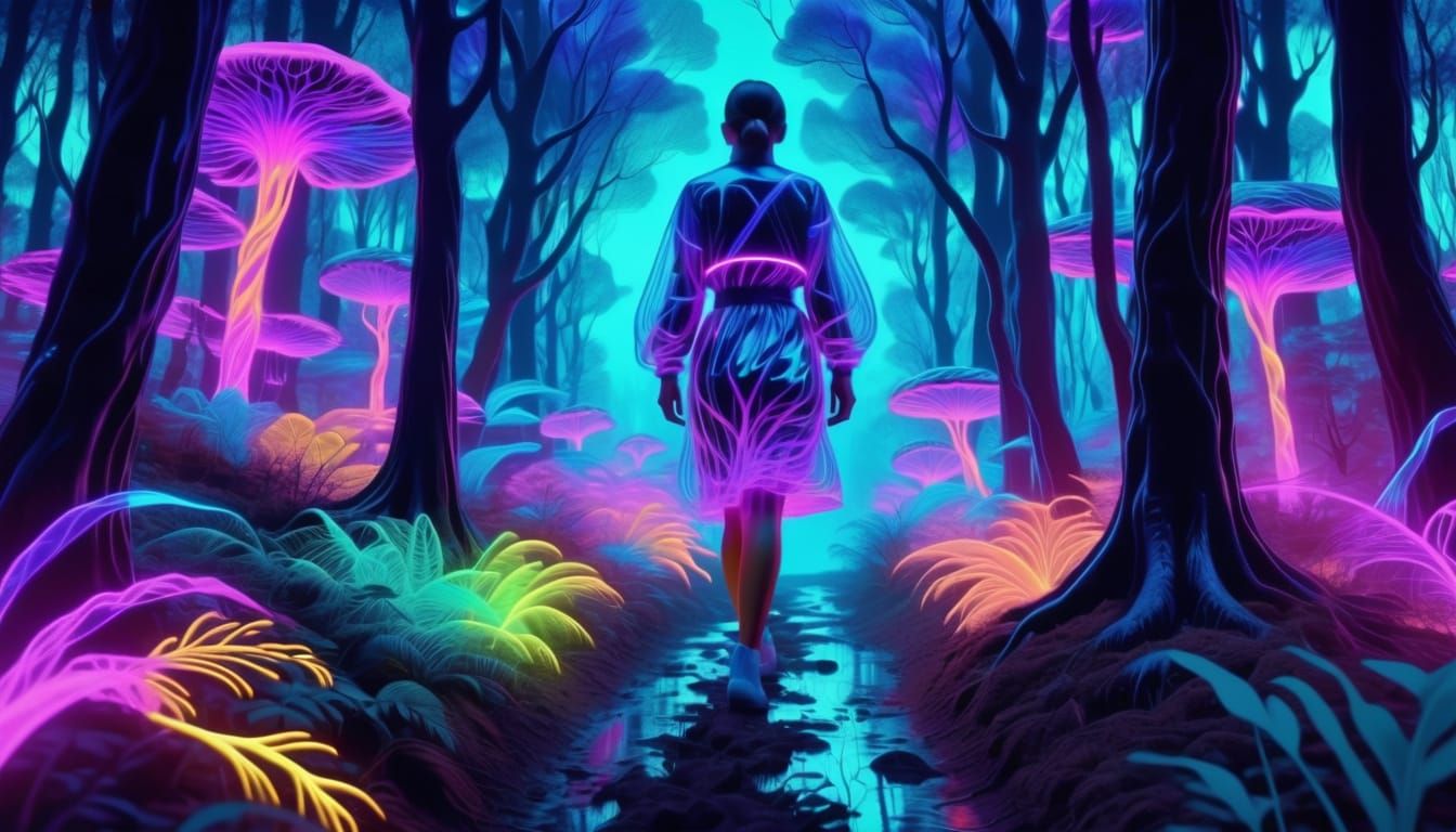 Surreal Forest Walker in Glowing Oil Painting
