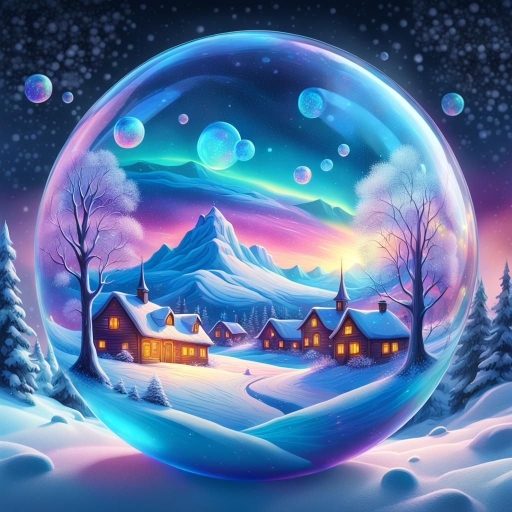 Ethereal Snowy Village Illuminated by Celestial Glow